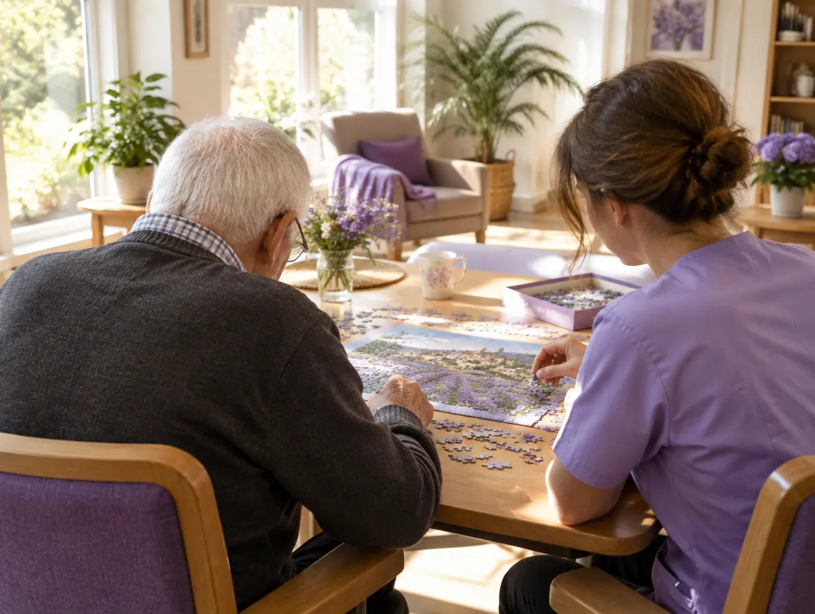 A volunteer and a senior working on a puzzle together in a sunlit memory care room