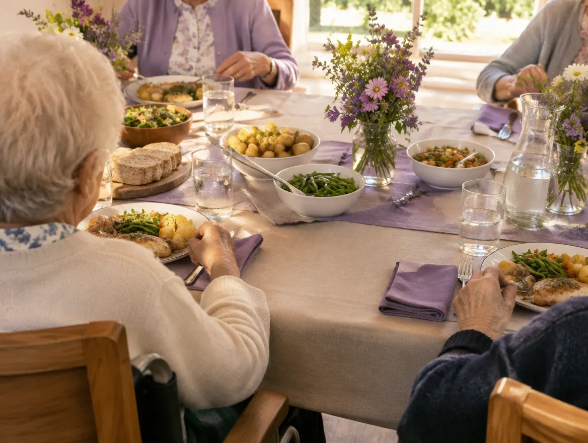Seniors sharing a home-cooked meal at a long table with lavender flowers