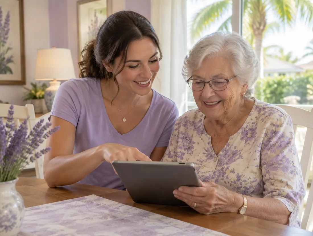 A volunteer showing a smiling senior woman how to use a tablet at her kitchen table